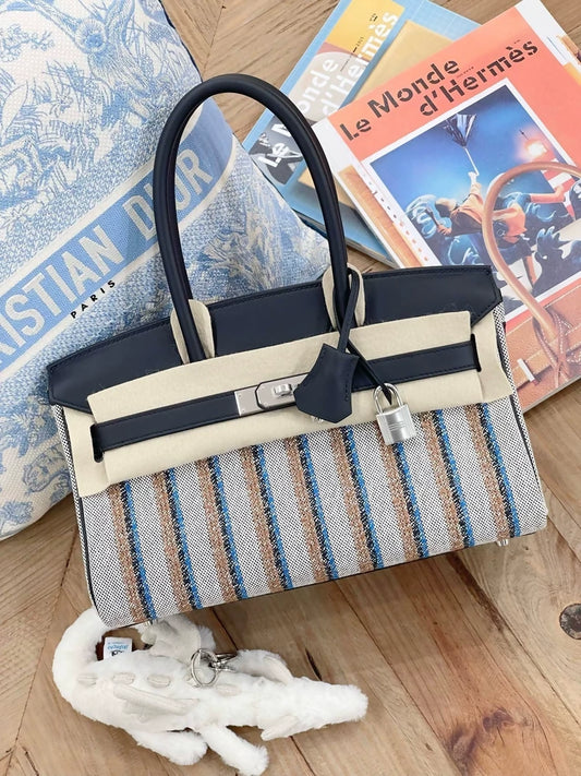 Hermès Birkin Shoulder Light 29 in Black Evercolor and Embroidered Toile Palladium Hardware