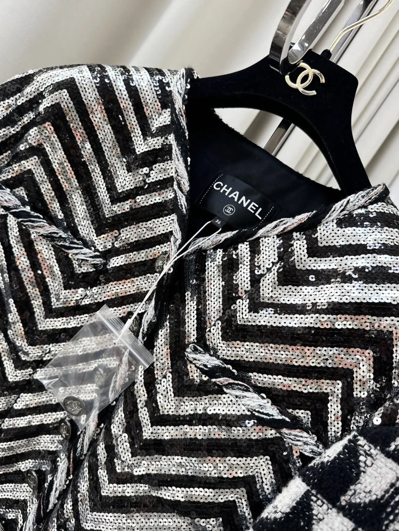 Chanel 21K Black and White Sequined Oversized Jacket