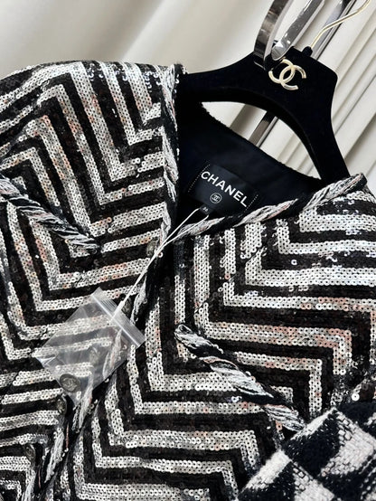 Chanel 21K Black and White Sequined Oversized Jacket