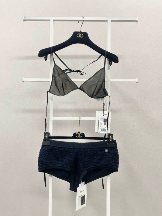 Chanel 21C bikini set in black mulberry silk and dark blue textured cotton bottoms