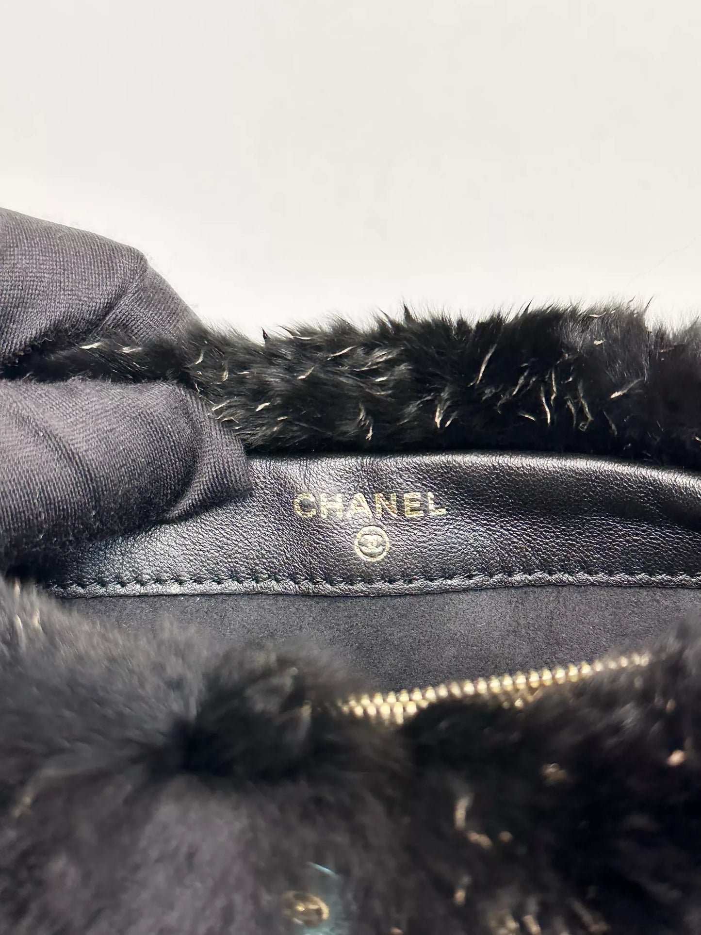 Chanel Black Rabbit Fur Chain Clutch with Gold CC Logo