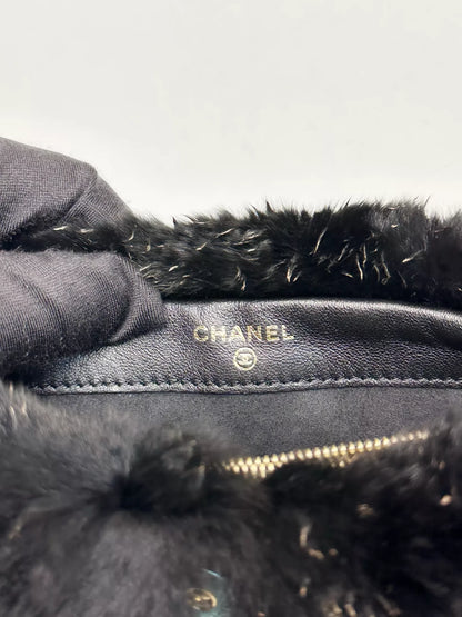 Chanel Black Rabbit Fur Chain Clutch with Gold CC Logo