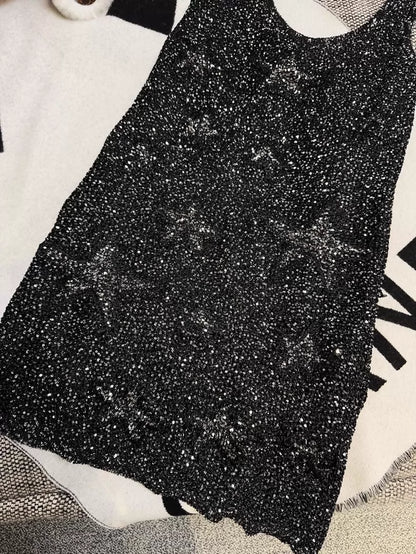 Chanel 24C Black and Silver Glittering Star Sequin Black Dress