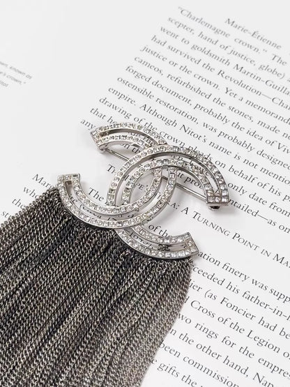 Chanel 16K Silver Full Diamond Double C Tassel Brooch