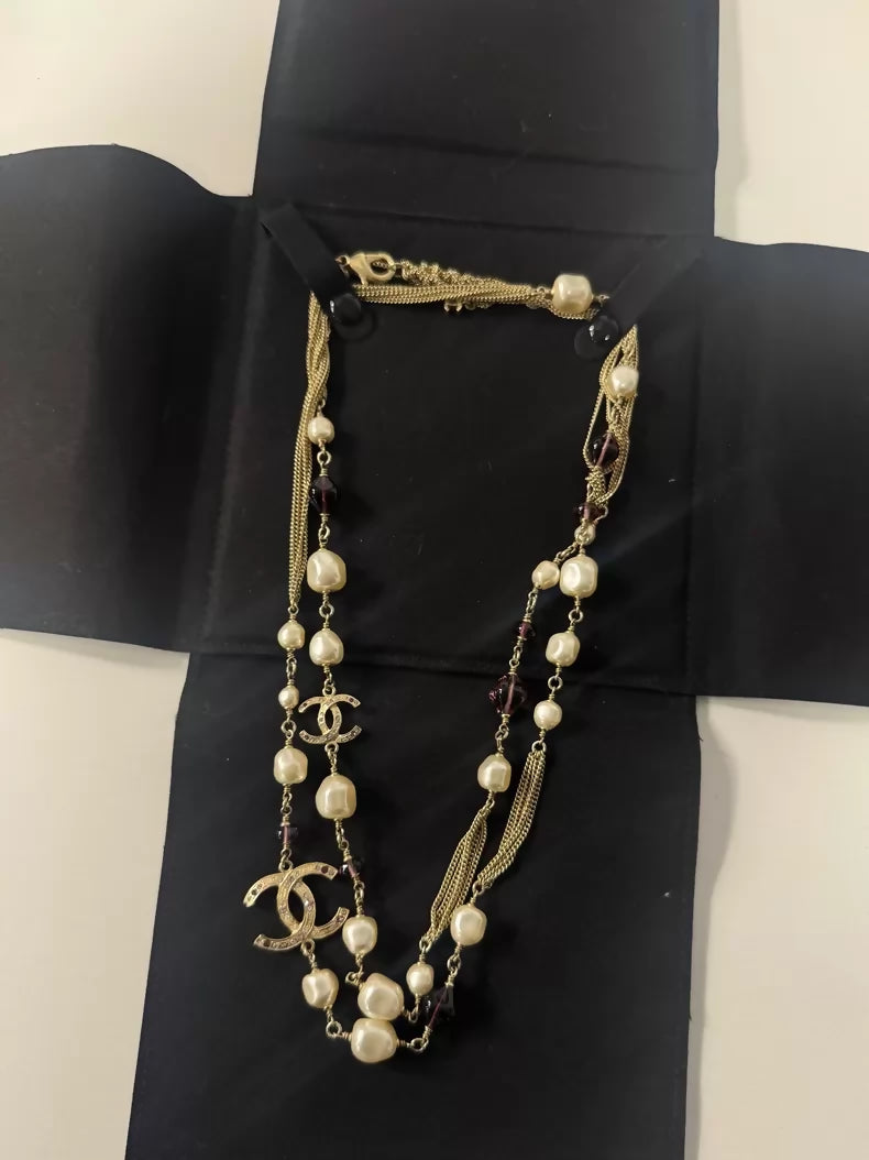 Chanel 12A Bombay Collection Purple Grape Glass Pearl Double Layer Necklace