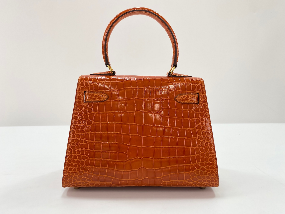 Hermès Mini Kelly I Orange Porosus Crocodile Lisse with Gold Hardware