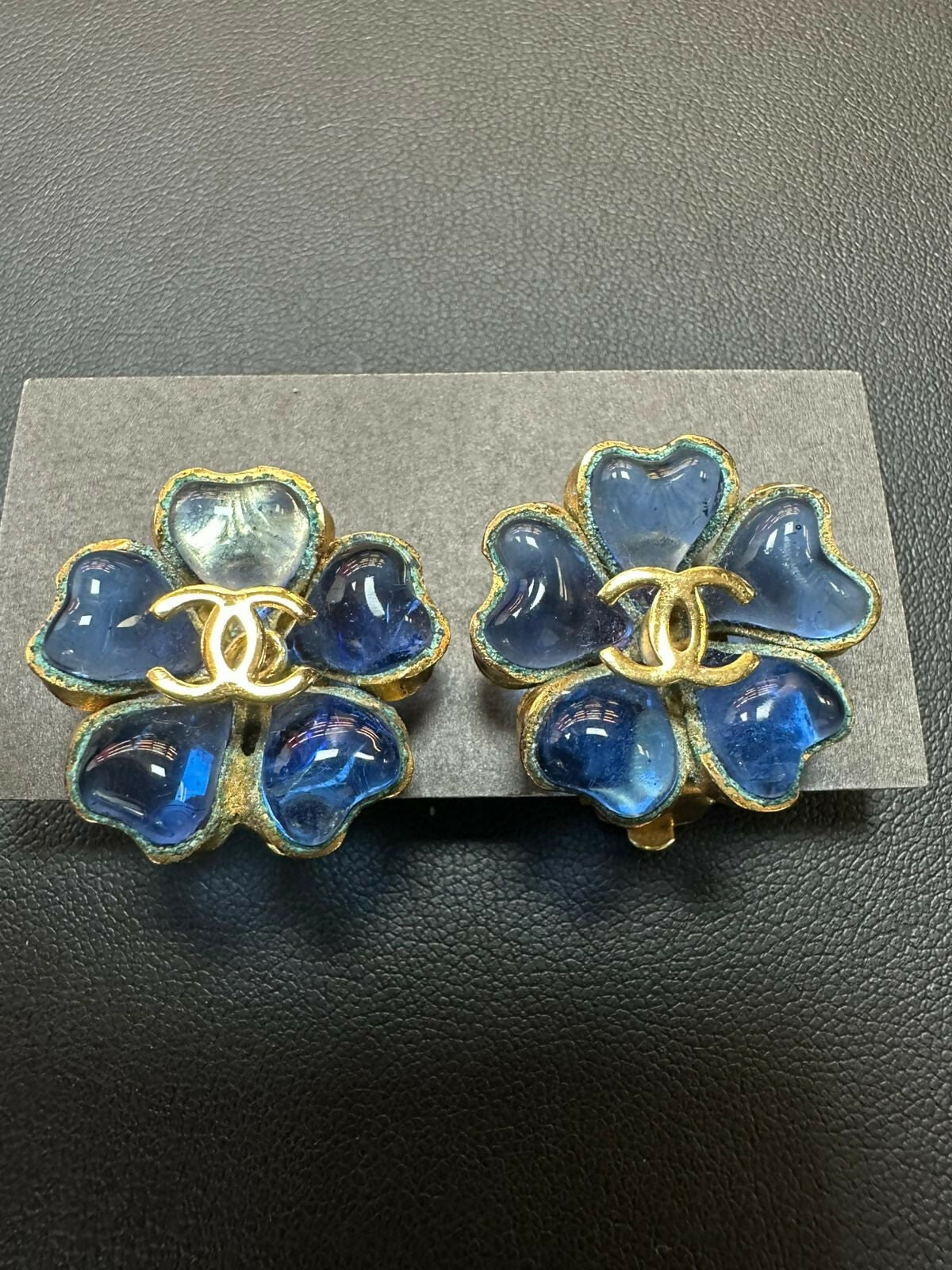 Chanel Vintage 97P Gripoix & Gold Plated Clear Blue Camellia Clip-on Earrings