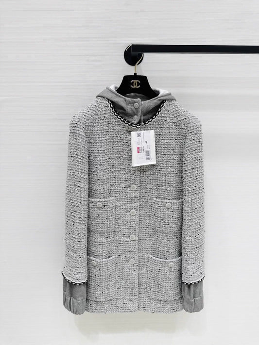 Chanel 25C light grey tweed hooded jacket