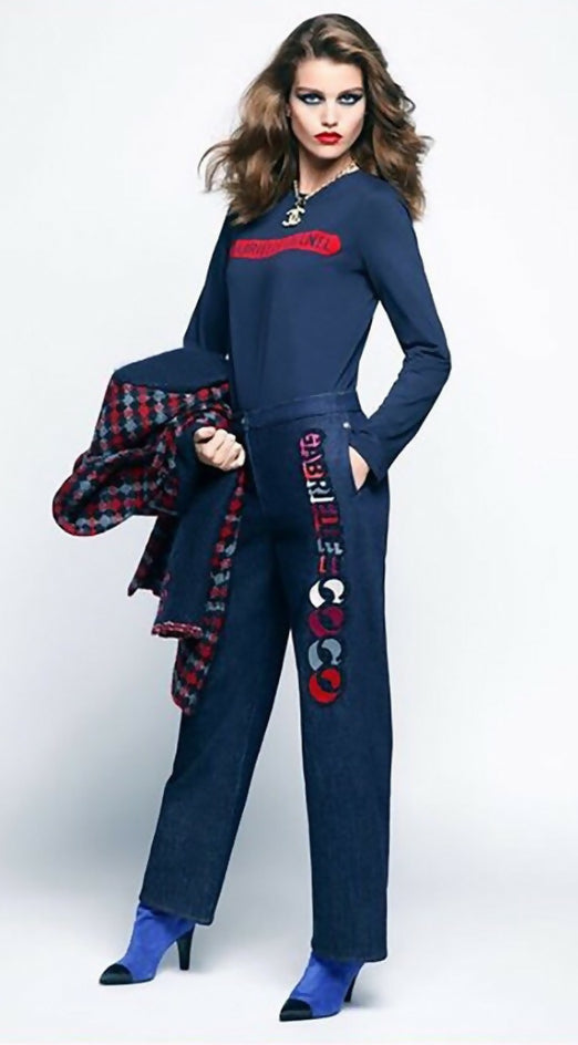 Chanel 17B Black Navy Red Gabrielle Logo Pullover Sweater FR 46