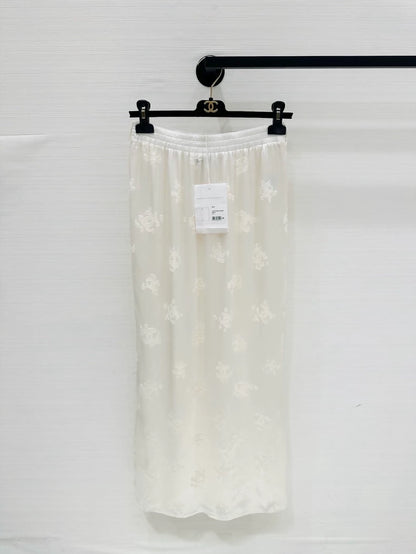 Chanel 22A beige silk jacquard logo midi skirt