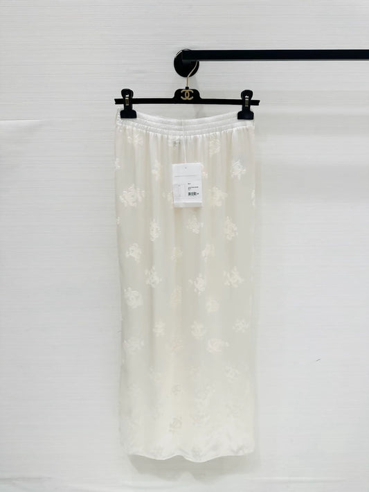 Chanel 22A beige silk jacquard logo midi skirt