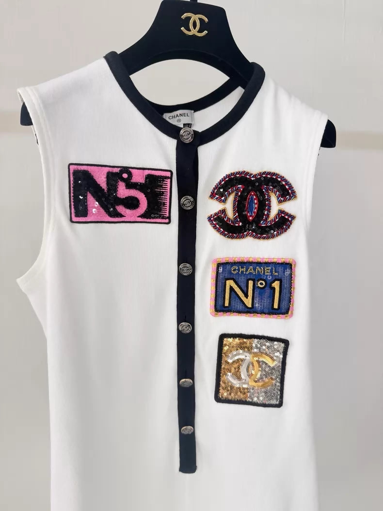 Chanel 23C white sequined embroidered badge jumpsuit