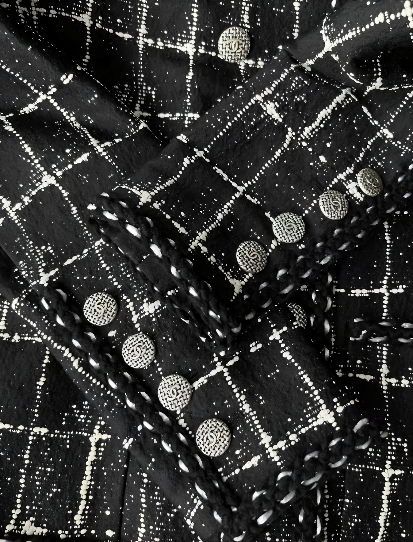 Chanel 14P Black Grid Tweed Braided Trim Double Breasted Jacket FR 36