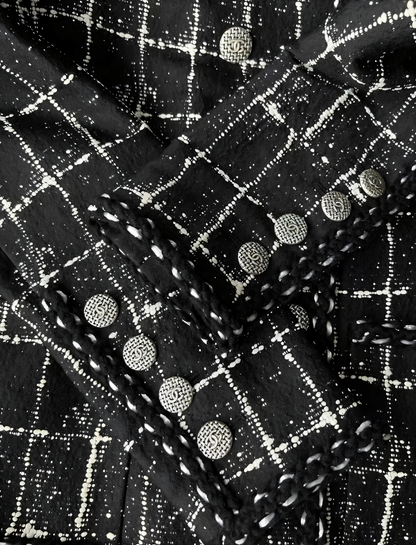 Chanel 14P Black Grid Tweed Braided Trim Double Breasted Jacket FR 36
