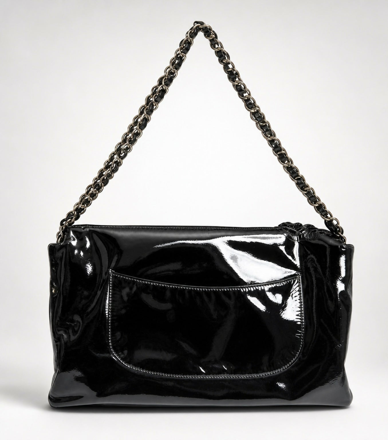Chanel 10A Paris-Shanghai Jumbo Black Patent Leather Camellia Petals Accordion Flap Bag SHW