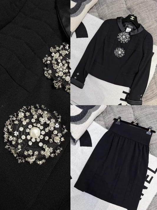 Chanel 06A black embroidered crystal button tweed jacket and skirt