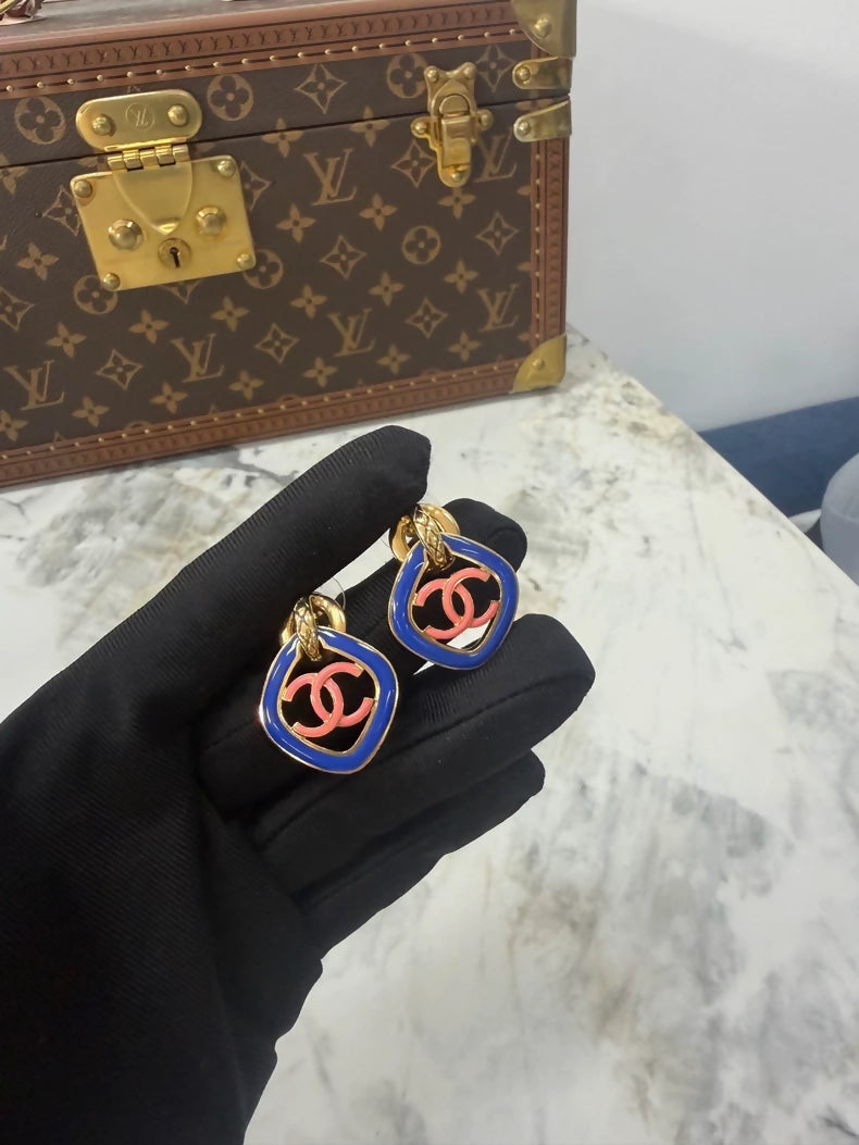 Chanel 22S Pink and Blue Color Block Quilted Gold Earrings