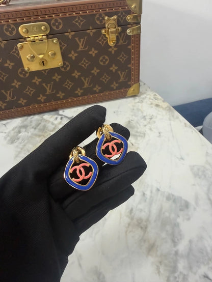 Chanel 22S Pink and Blue Color Block Quilted Gold Earrings