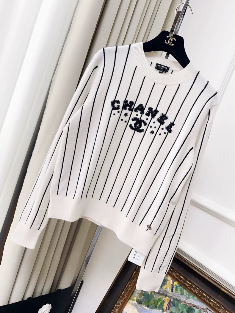 Chanel 23p white and black Striped Cashmere Sweater