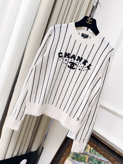 Chanel 23p white and black Striped Cashmere Sweater