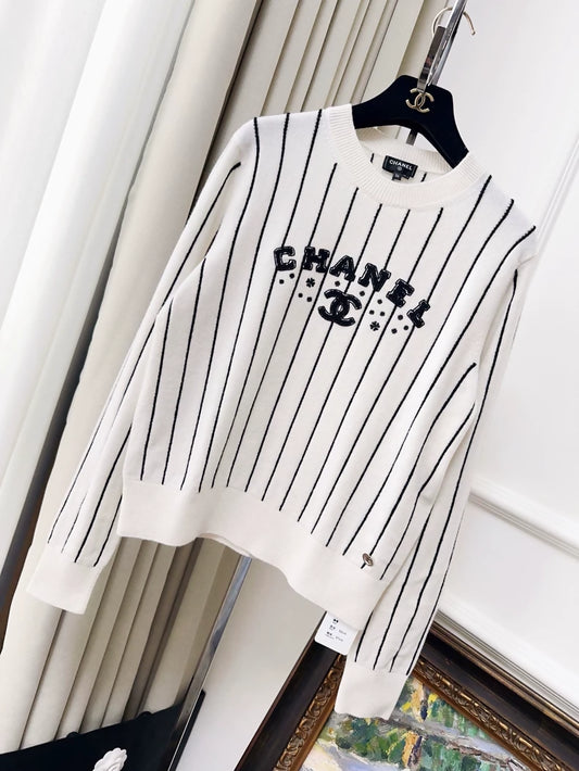 Chanel 23p white and black Striped Cashmere Sweater