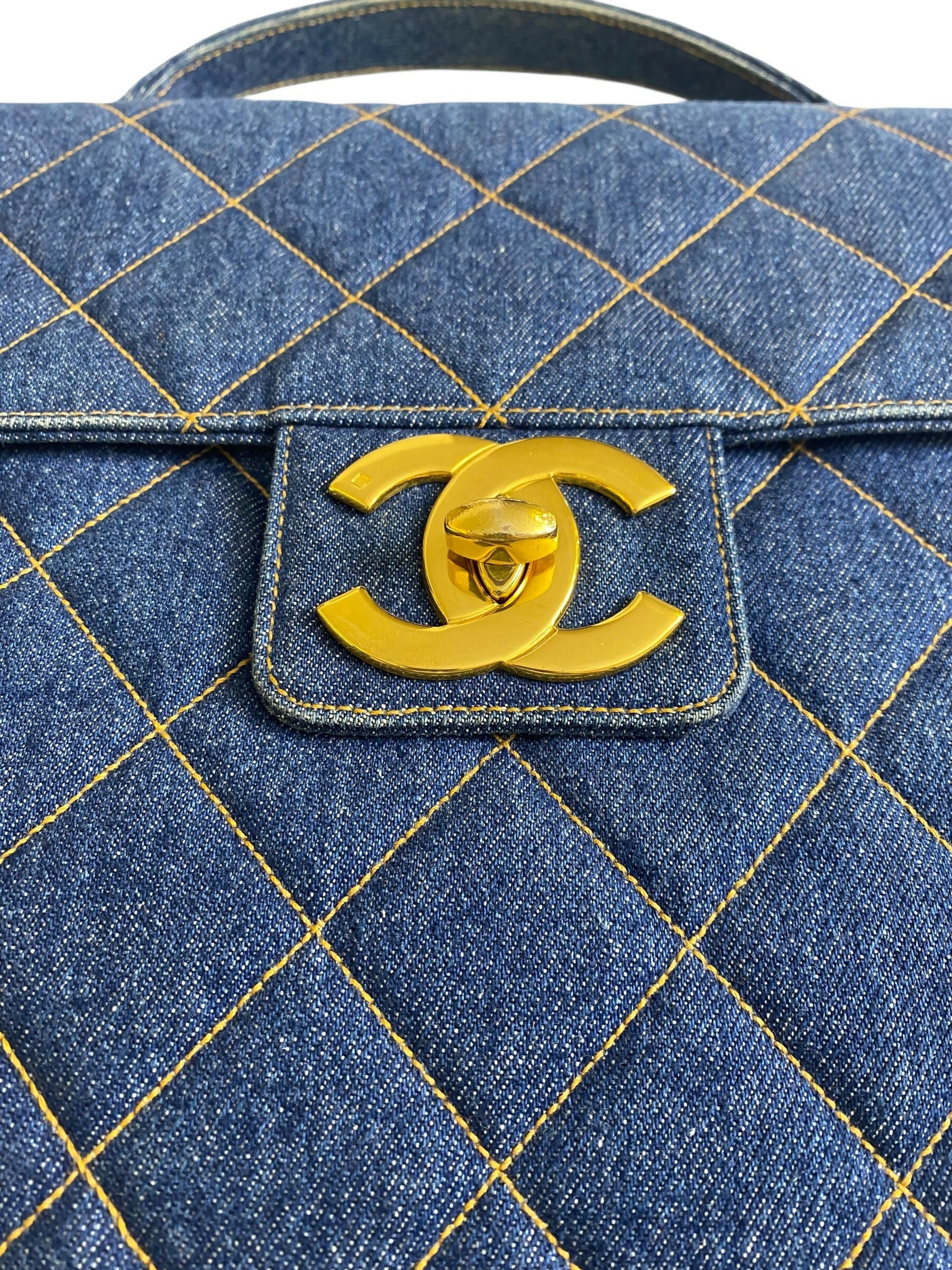 Chanel Vintage 1996 XL Blue Denim Quilted Jumbo Top Handle