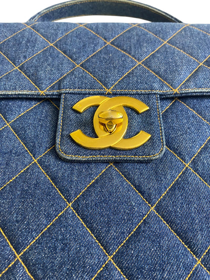 Chanel Vintage 1996 XL Blue Denim Quilted Jumbo Top Handle Briefcase Handbag