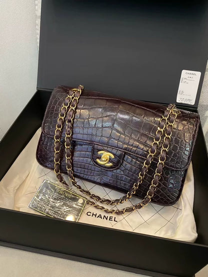 Chanel purplish-brown shiny crocodile leather with gold hardware CF medium size flap bag
