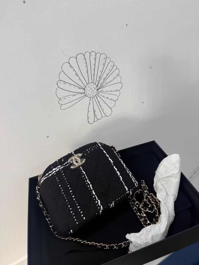 Chanel VIC 24k black and white checkered tweed mini shell bag with chain strap