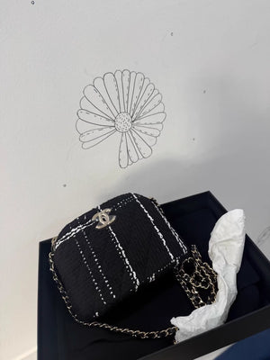 Chanel VIC 24k black and white checkered tweed mini shell bag with chain strap