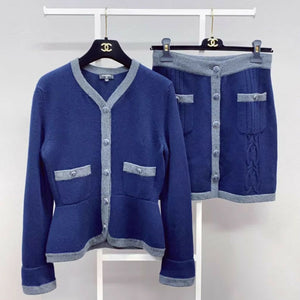 Chanel blue knitted cashmere cardigan + skirt suit
