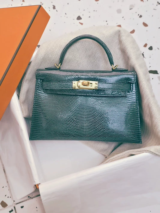 Hermes Mini Kelly 20 Vert Cypress Lizard Leather Gold Hardware