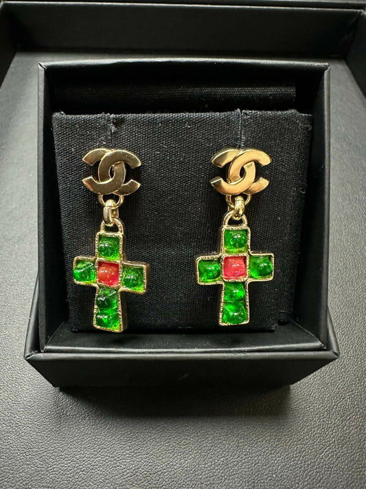 Chanel Vintage 02P Gripoix & Gold-Plated Green Red Cross Stud Earrings