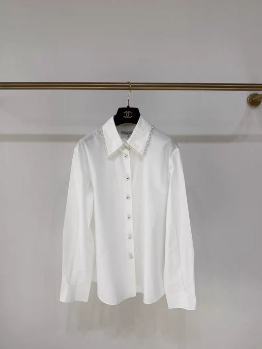 Chanel 25P Pearl Embroidered CC Logo white Shirt