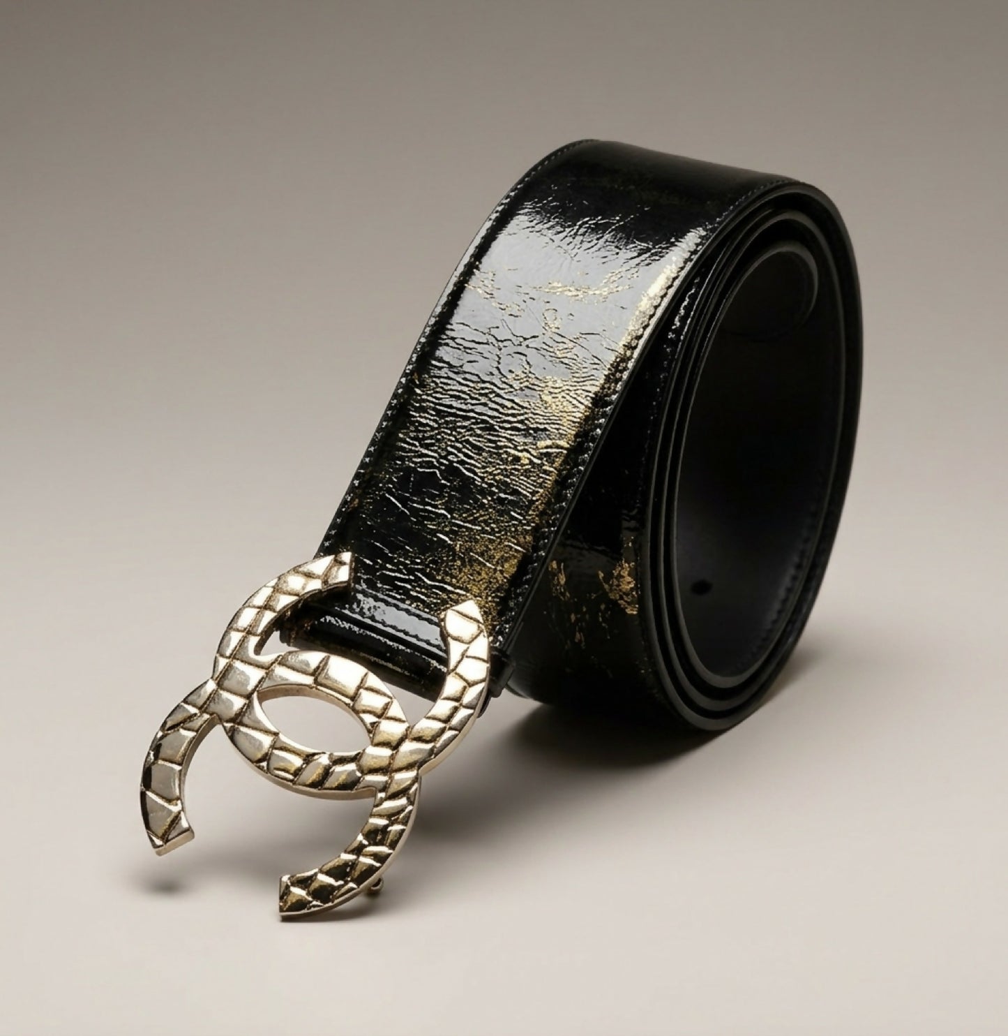 Chanel 07P Black Patent Silver Oversized CC Croc Embossed Logo Wide Belt Size 90/36