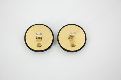 Chanel Vintage 91-92 Velvet Gold Plated Cross Large Round Black Earrings