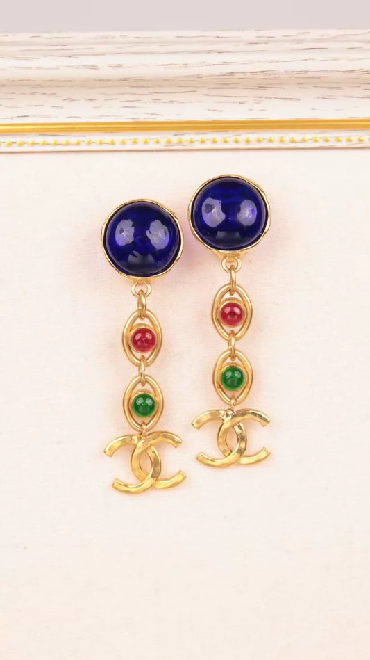 Chanel 1992 Blue Glass CC Pendant Long Clip-on Earring