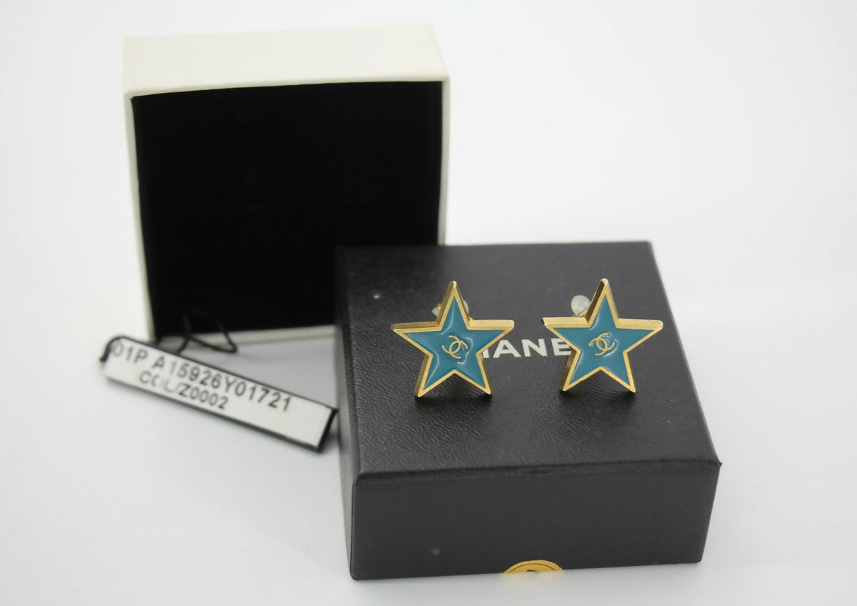 Chanel Vintage 01P Metal Blue-Green Star Clip-on Earrings