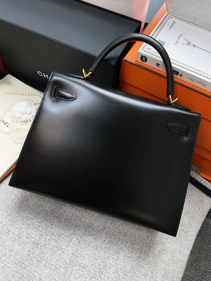 Hermes Kelly32 noir box leather gold hardware
