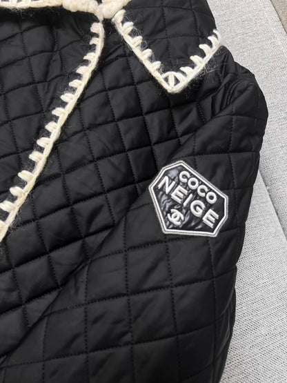 Chanel Ski Collection Black Diamond Quilted Cotton Jacket with White Trim
