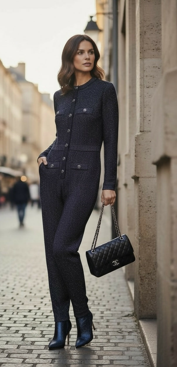 Stunning Chanel 21K Beaded Crystal Sequin Navy Black Iridescent Jumpsuit FR 36