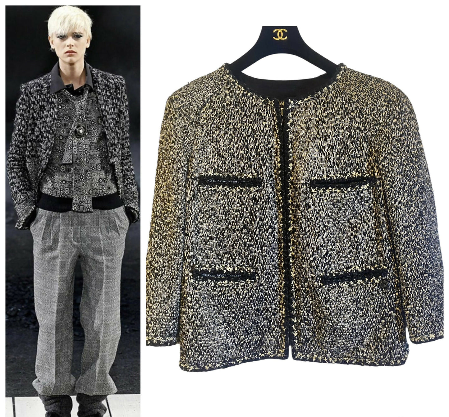 Chanel 11A Black White Tweed Braided Trim Zip Up Jacket FR 50