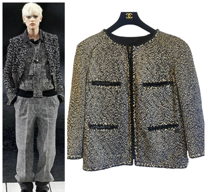 Chanel 11A Black White Tweed Braided Trim Zip Up Jacket FR 50