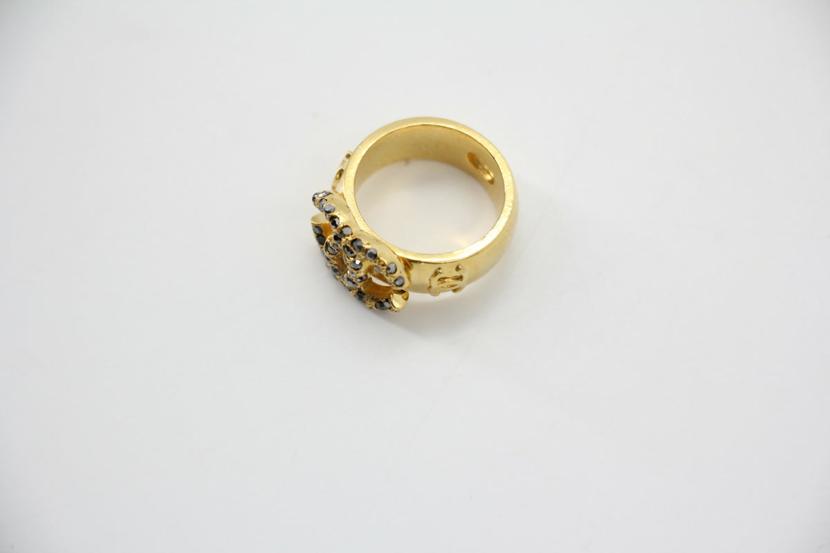 Chanel Vintage Rhinestone Gold-Tone Black CC Logo Ring