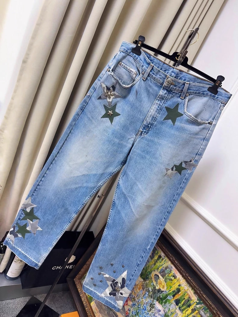 Chrome Hearts Limited Edition Blue Distressed Jeans, Army Green Camouflage Patchwork Star Jeans