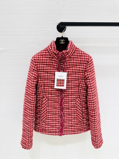 Chanel 24N Ski Collection down jacket in red check, size F34