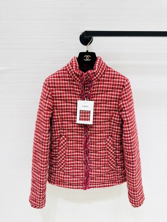 Chanel 24N Ski Collection down jacket in red check, size F34
