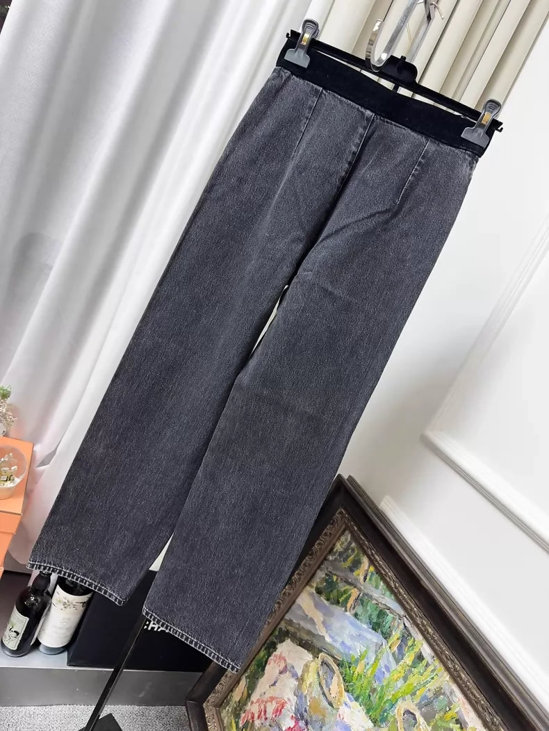 Chanel 20A black and grey velvet patchwork denim jeans