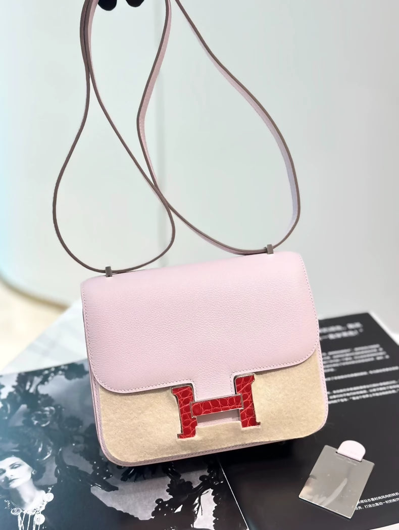 Hermes Constance 19 Mauve Pale EV Leather Red croc hardware