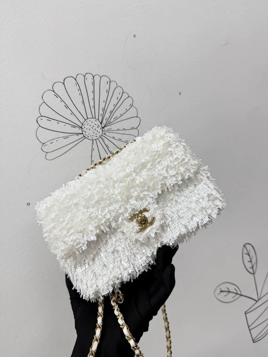 Chanel 25S White Sequin Flap Bag (CF) - Large Mini -